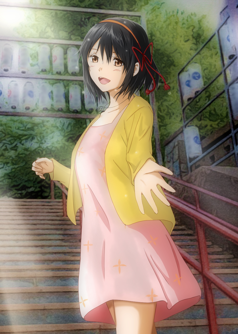 1girl, :d, black_hair, blush, brown_eyes, collarbone, cowboy_shot, day