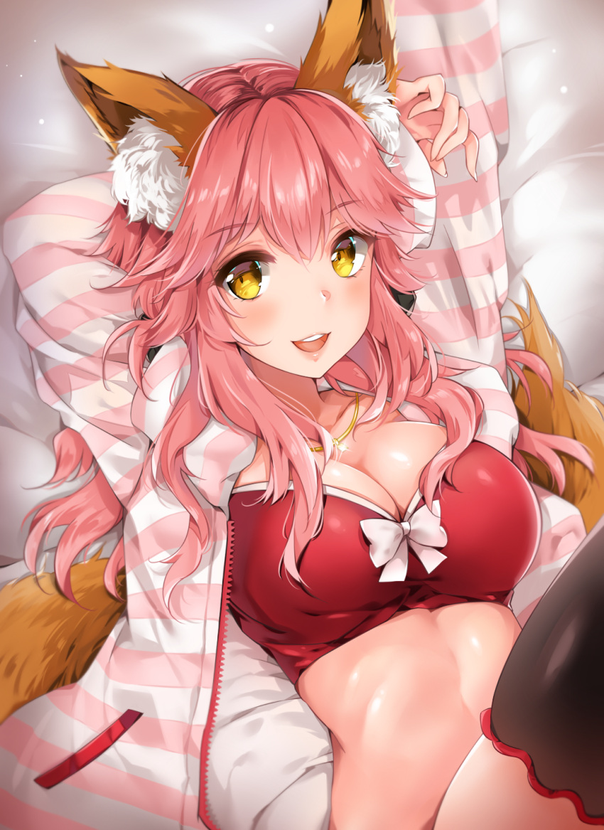1girl, animal_ear_fluff, animal_ears, arms_up, bangs, black_legwear, blush, bra