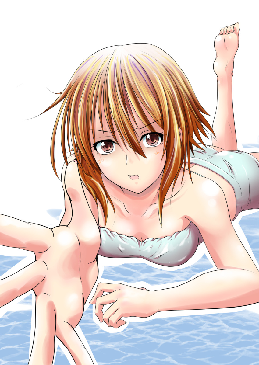 11la1047, 1girl, barefoot, blonde_hair, bra, breasts, brown_eyes, cleavage