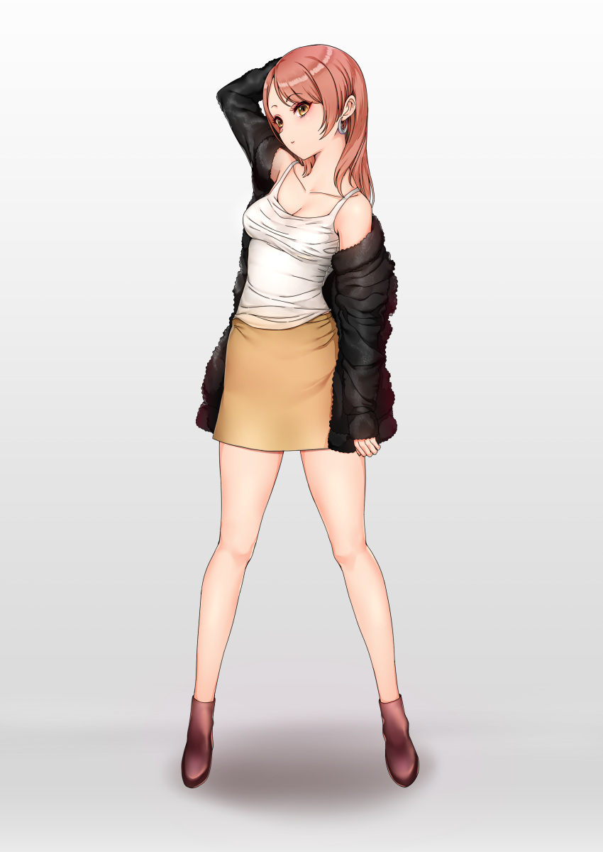 1girl, absurdres, arm_up, black_coat, boots, breasts, brown_eyes, brown_hair