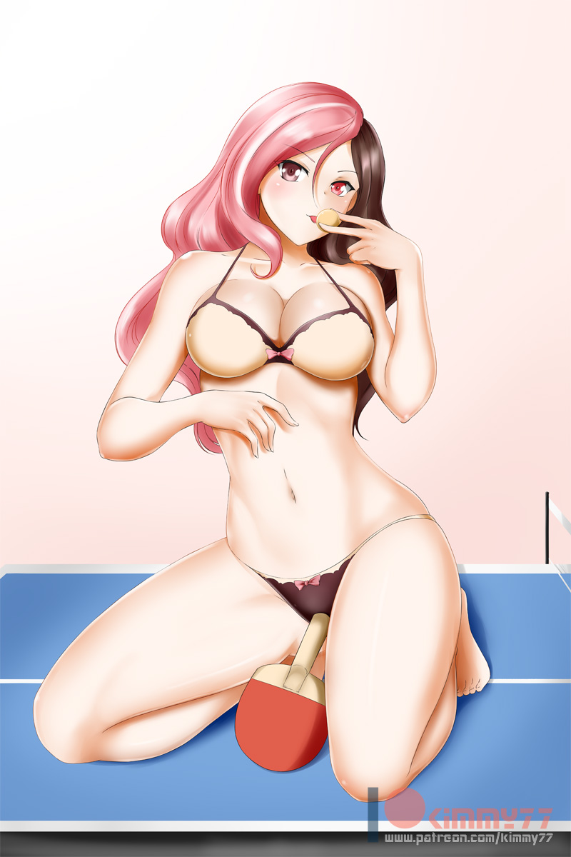 1girl, alfred_cullado, bangs, barefoot, bow, breasts, brown_bikini_bottom, brown_hair