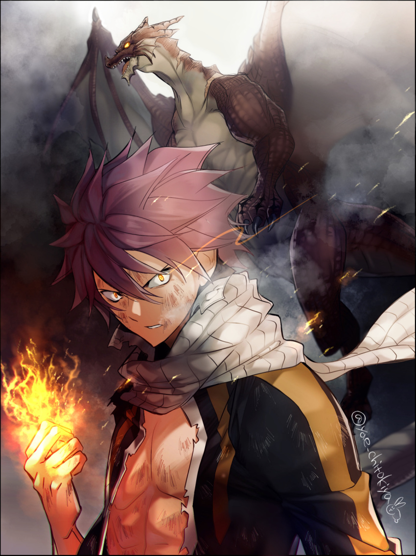 1boy, bruise_on_face, clenched_hand, dragon, fairy_tail, fire, glowing, glowing_eyes, hair_between_eyes, highres, igneel, long_sleeves, natsu_dragneel, pink_hair, scarf, shirt, solo, spiky_hair, torn_clothes, torn_shirt, twitter_username, upper_body, v-shaped_eyebrows, white_scarf, yae_chitokiya, yellow_eyes