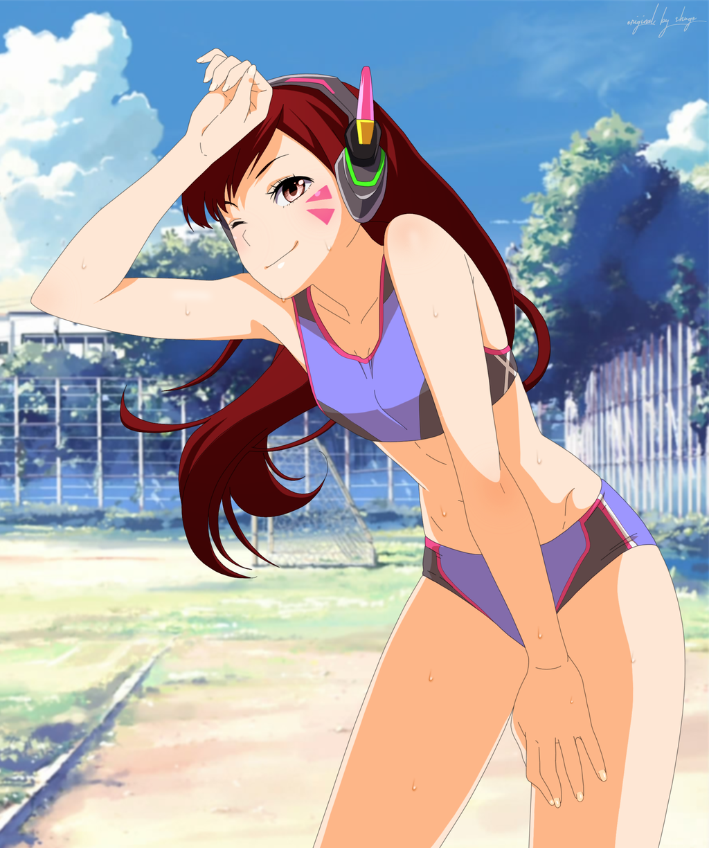 1girl, ;), arm_up, benjoerres, bikini, blue_bikini, blue_sky, breasts, brown_eyes, clouds, collarbone, cowboy_shot, d.va_(overwatch), day, facial_mark, floating_hair, groin, hand_on_lap, headphones, highres, leaning_forward, long_hair, one_eye_closed, outdoors, overwatch, redhead, sky, small_breasts, smile, solo, sports_bikini, standing, sweat, swimsuit, very_long_hair