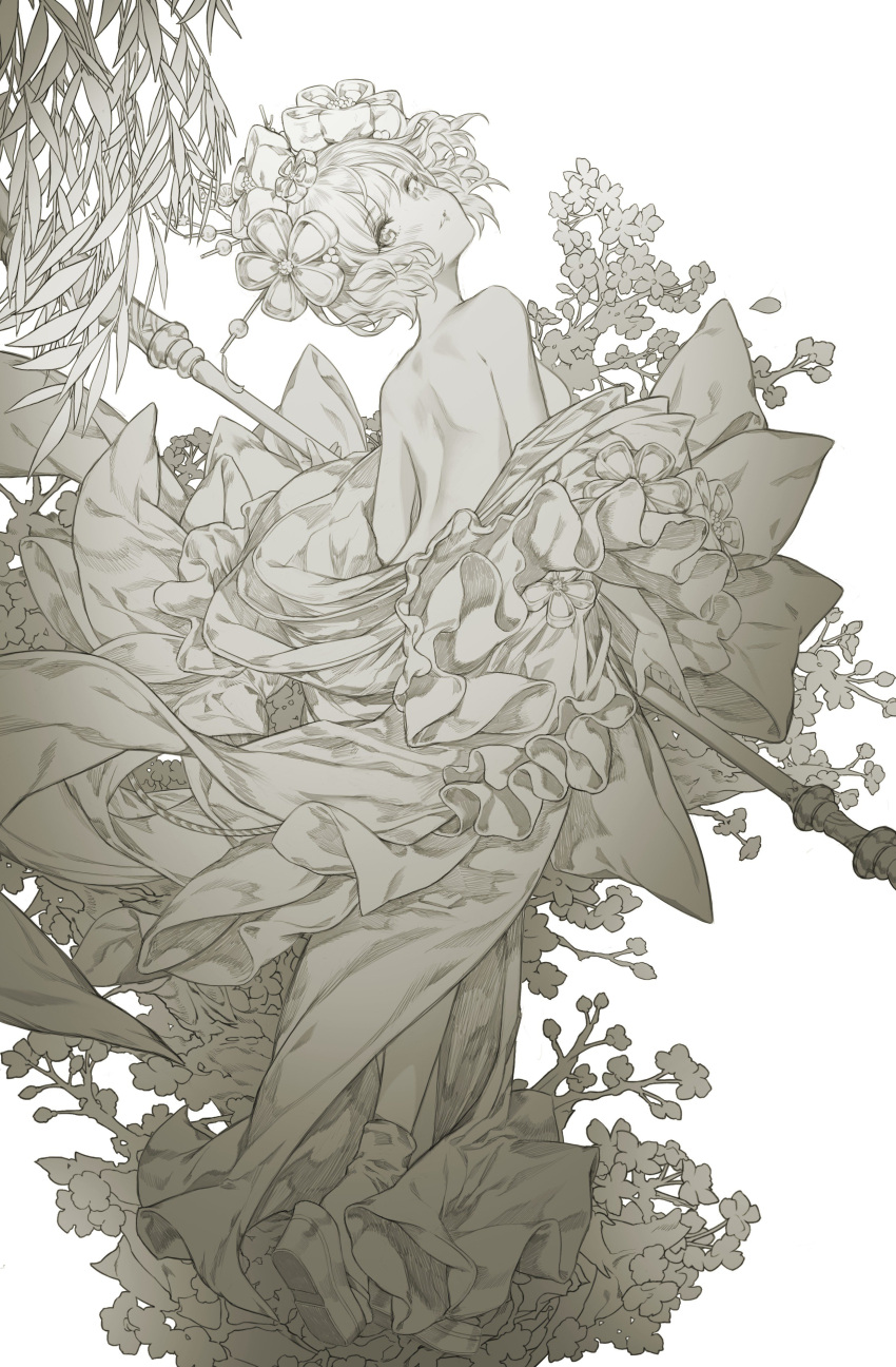 1girl, absurdres, bare_back, bare_shoulders, calligraphy_brush, fate/grand_order, fate_(series), flower, foliage, hair_flower, hair_ornament, head_tilt, highres, holding, holding_paintbrush, japanese_clothes, kapa19, katsushika_hokusai_(fate/grand_order), kimono, lineart, looking_back, monochrome, paintbrush, platform_footwear, sandals, short_hair, socks, solo, updo