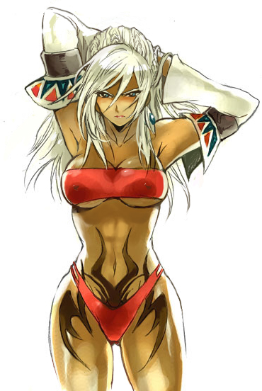bikini, blonde_hair, dark_skin, detached_sleeves, midriff, shadow_hearts, shadow_hearts_from_the_new_world, shania