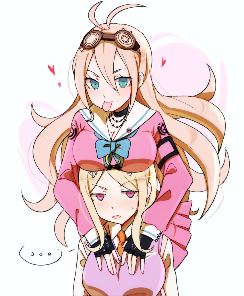 ..., 2girls, akamatsu_kaede, antenna_hair, barbed_wire, blonde_hair, blue_eyes, blush