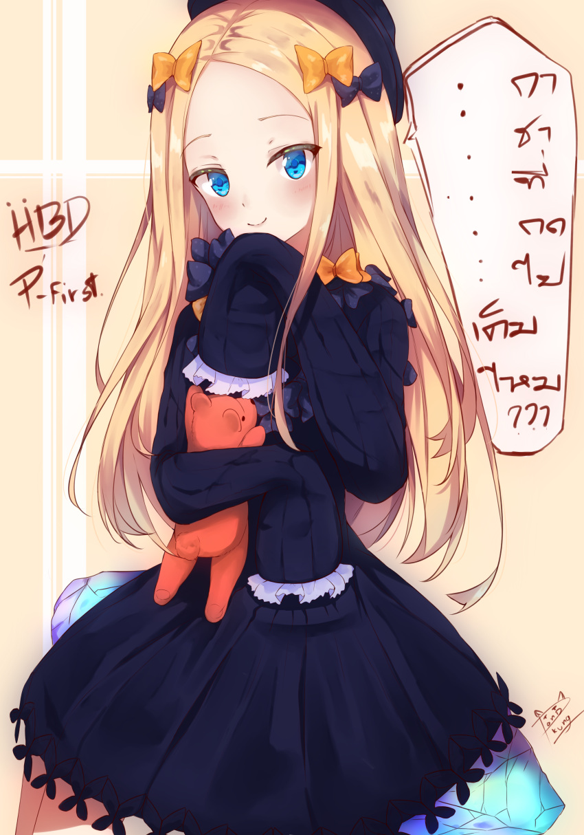 1girl, abigail_williams_(fate/grand_order), absurdres, bangs, black_bow, black_headwear, blonde_hair, blue_eyes