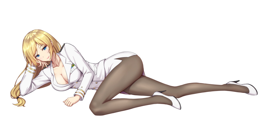 1girl, arm_support, ass, bangs, black_legwear, blonde_hair, blue_eyes, breasts