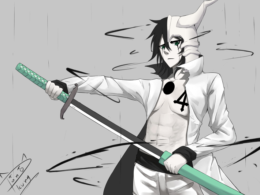 1boy, 1girl, absurdres, black_hair, bleach, commentary, facial_mark, green_eyes