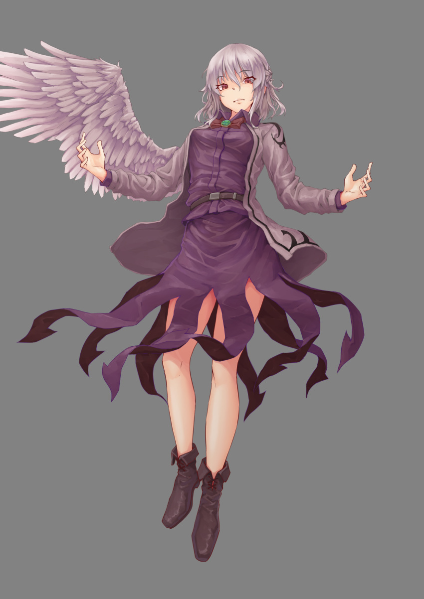1girl, bare_legs, belt, braid, expressionless, feathered_wings, from_below, full_body