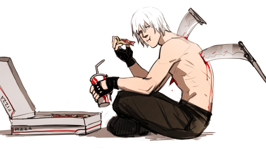 1boy, black_footwear, black_gloves, black_legwear, bleeding, blood, bloody_weapon, boots, broken, broken_weapon, closed_mouth, cup, dante_(devil_may_cry), devil_may_cry, devil_may_cry_3, donlemefo, drinking_straw, dripping, eating, fingerless_gloves, food, gloves, grey_eyes, highres, holding, holding_cup, holding_pizza, impaled, injury, pizza, pizza_box, scythe, shirtless, simple_background, sitting, solo, weapon, white_background, white_hair