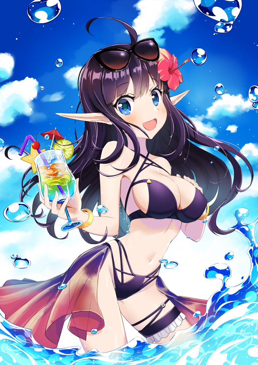 1girl, :d, ahoge, bare_arms, bare_shoulders, bikini, black_bikini, black_hair, blue_eyes, blue_sky, blush, breasts, cleavage, clouds, cloudy_sky, criss-cross_halter, day, drinking_straw, elf, eyewear_on_head, flower, hair_flower, hair_ornament, halterneck, hand_on_own_chest, hibiscus, highleg, highleg_bikini, highres, holding, hurricane_glass, king's_raid, large_breasts, looking_at_viewer, mirianne_(king's_raid), navel, open_mouth, outdoors, pointy_ears, red_flower, sidelocks, sky, smile, solo, standing, star, stomach, sunglasses, swimsuit, thigh_strap, tropical_drink, wading, water, water_drop, wristband, yumi_(milomonkey)