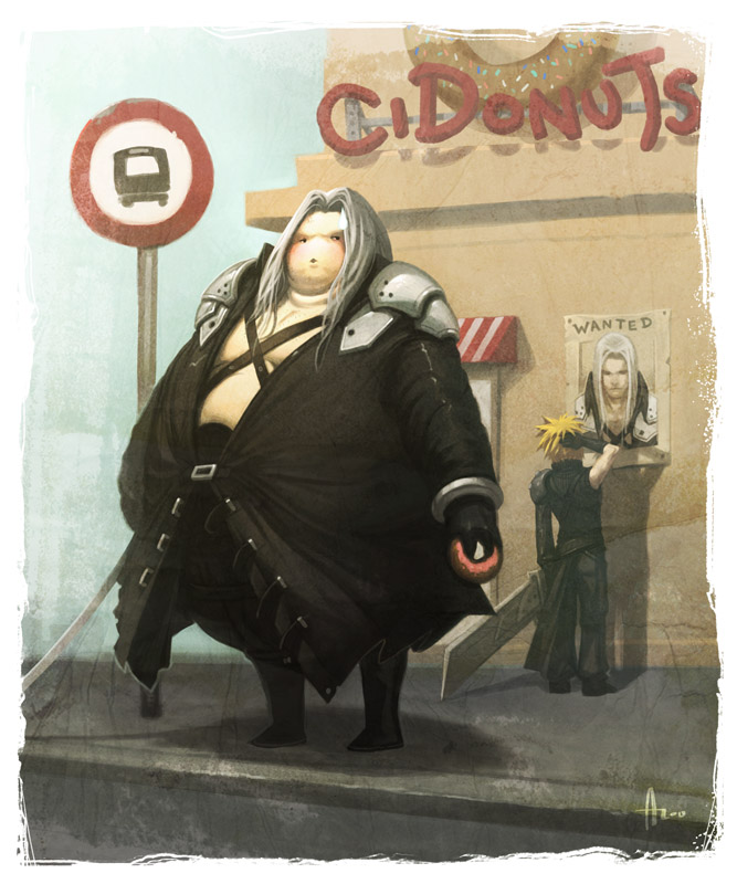 armor, blonde_hair, boots, bus_stop, cloud_strife, coat, comedy, doughnut
