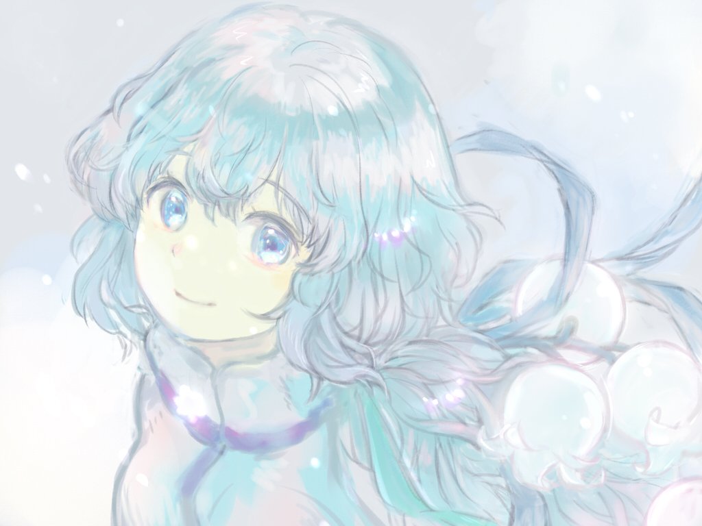 1girl, artist_request, blue_eyes, blue_hair, blush, dress, long_hair, looking_at_viewer