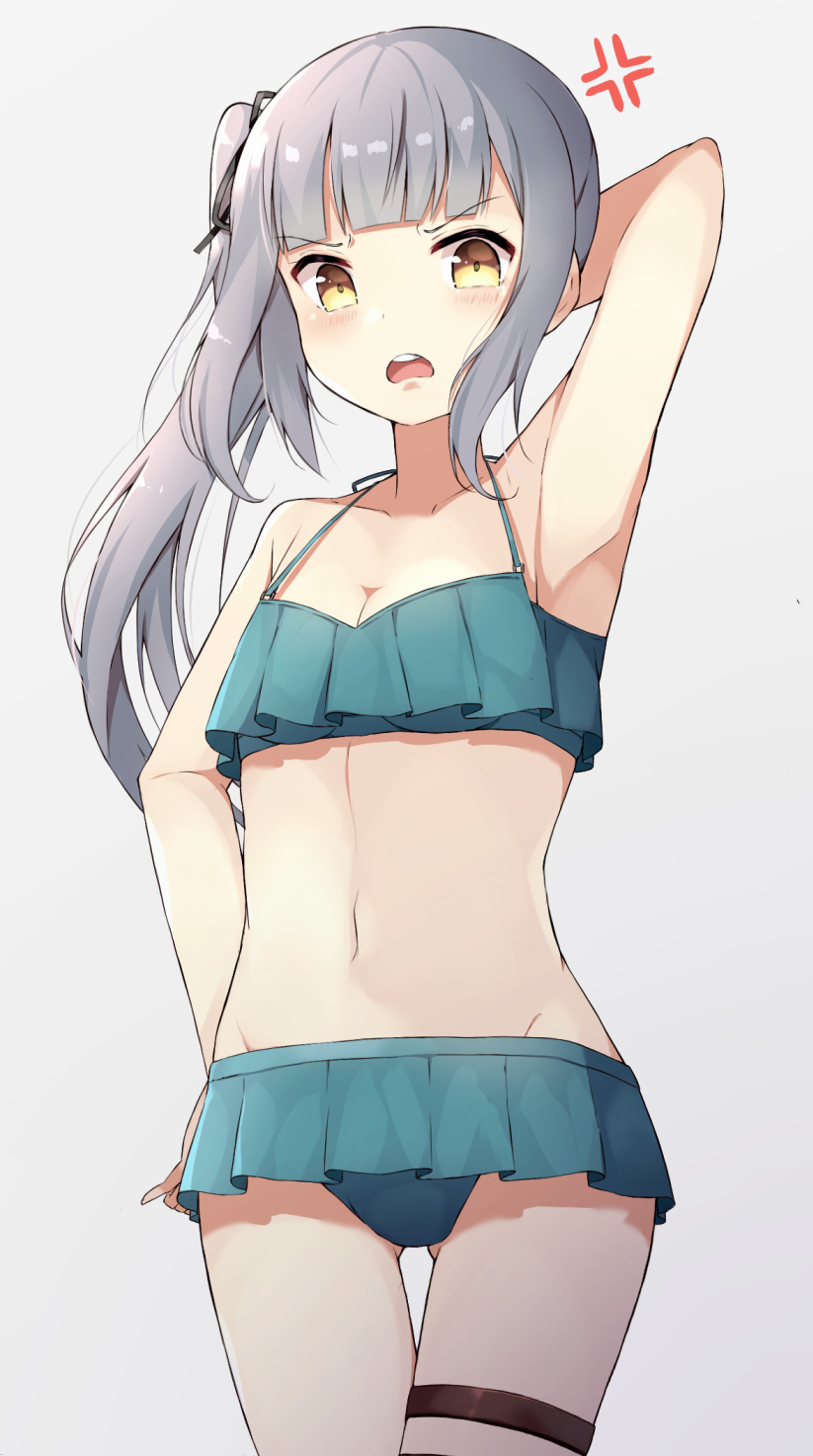 1girl, anger_vein, arm_up, armpits, bangs, bare_shoulders, bikini, bikini_skirt