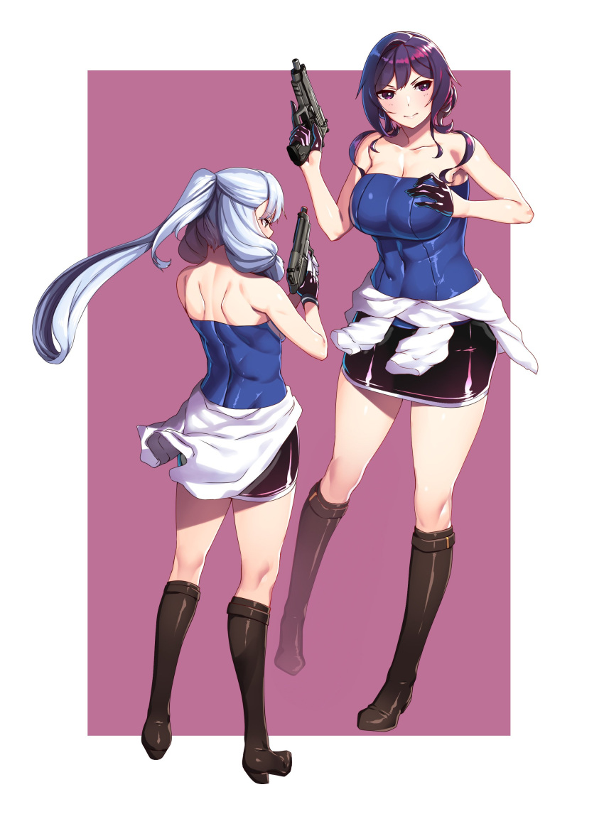 absurdres, alternate_hairstyle, blue_hair, boots, breasts, brown_eyes, cleavage, clothes_around_waist