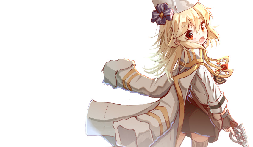 1girl, :d, bangs, blonde_hair, blush, brown_gloves, brown_legwear, brown_skirt