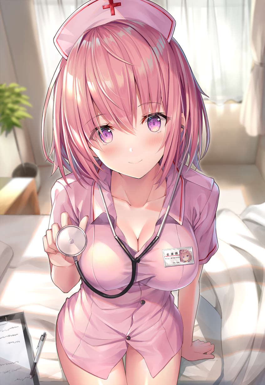 1girl, bangs, bed, blush, breasts, cleavage, clipboard, closed_mouth, collared_dress, commentary_request, curtains, day, dress, eyebrows_visible_through_hair, fate/grand_order, fate_(series), hat, head_tilt, highres, holding_stethoscope, indoors, large_breasts, looking_at_viewer, mash_kyrielight, nurse, nurse_cap, pen, pink_dress, pink_hair, plant, potted_plant, rin_yuu, short_hair, sidelocks, sitting, smile, solo, stethoscope, violet_eyes, window