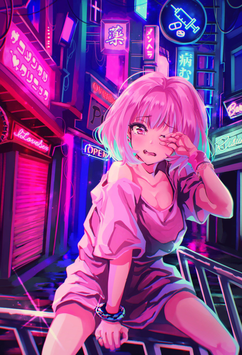 1girl, ahoge, bangs, blue_hair, blush, bracelet, breasts, chromatic_aberration