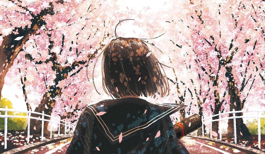 1girl, brown_hair, cherry_blossoms, commentary_request, day, facing_away, from_behind, joze, original, outdoors, path, petals, road, sailor_collar, school_uniform, serafuku, short_hair, solo, tree, upper_body, wind