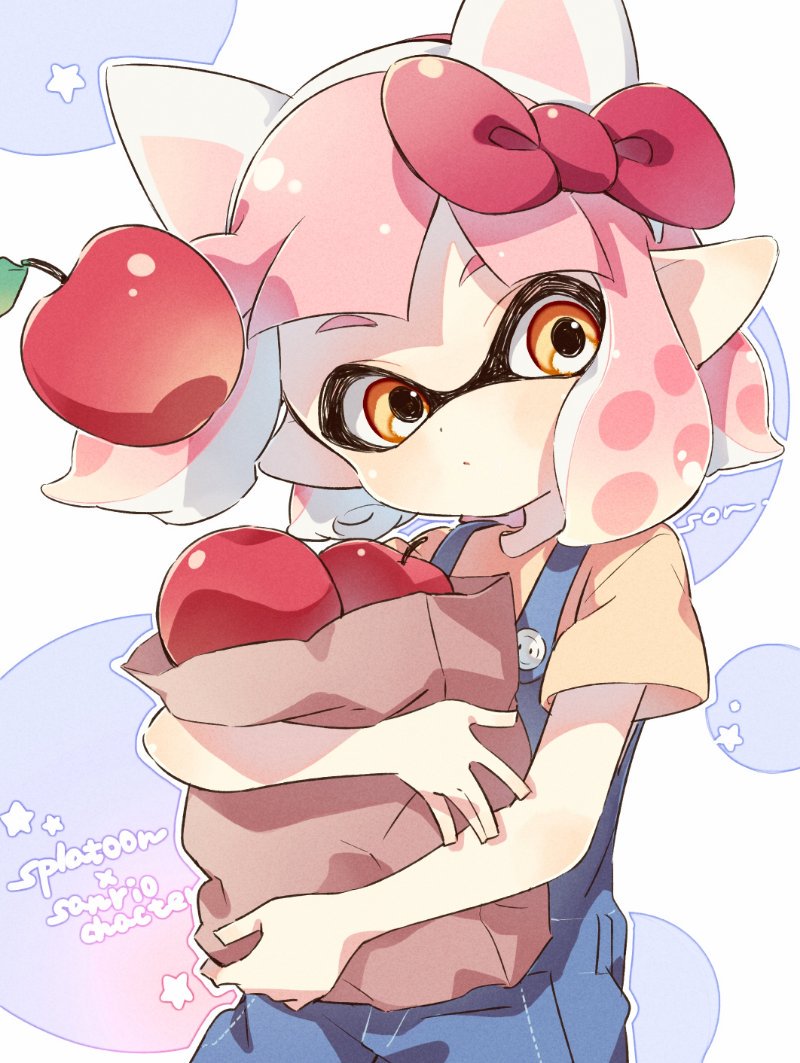 1girl, animal_ears, apple, bag, bangs, blunt_bangs, bow, cat_ears