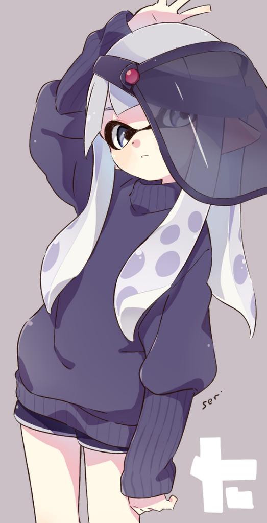 1girl, artist_name, bangs, black_shorts, black_sweater, blunt_bangs, closed_mouth, commentary, domino_mask, grey_background, grey_eyes, grey_hair, gym_shorts, inkling, light_frown, logo, long_hair, long_sleeves, looking_at_viewer, mask, pointy_ears, sen_squid, short_shorts, shorts, sideways_hat, signature, simple_background, solo, splatoon, splatoon_(series), splatoon_2, standing, sweater, tentacle_hair, welding_mask