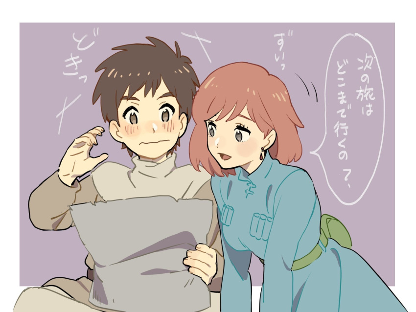 1boy, 1girl, asbel_(nausicaa), blush, breasts, brown_hair, commentary_request, dress