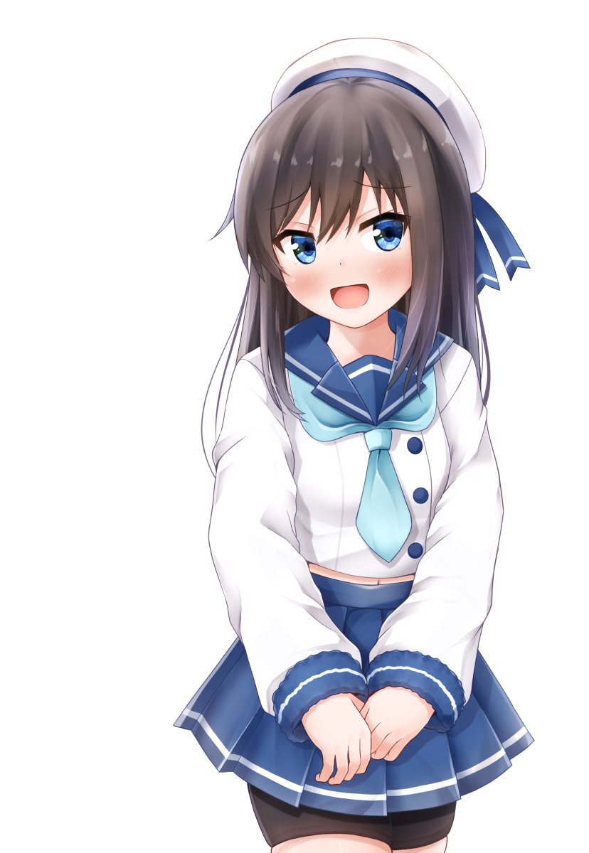 1girl, asashio_(kantai_collection), bike_shorts, black_hair, blue_eyes, blue_neckwear, blue_ribbon, blue_sailor_collar