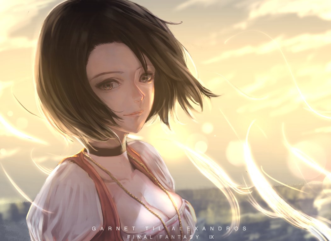 1girl, black_hair, breasts, brown_eyes, choker, cleavage, closed_mouth, commentary_request