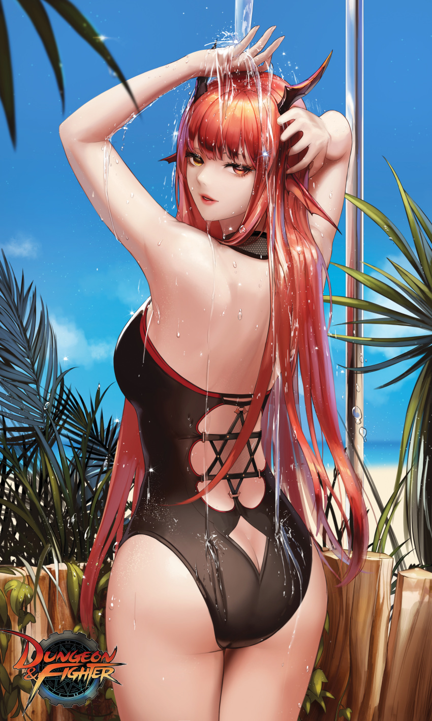 1girl, absurdres, animal_ears, ass, ass_cutout, bangs, bare_arms, bare_back, bare_shoulders, black_swimsuit, blue_sky, blurry, breasts, butt_crack, casual_one-piece_swimsuit, chaos_(dungeon_and_fighter), cowboy_shot, day, depth_of_field, dungeon_and_fighter, from_behind, halterneck, hands_up, head_fins, heterochromia, highres, horizon, horns, huge_filesize, knight_(dungeon_and_fighter), large_breasts, lipstick, long_hair, looking_at_viewer, looking_back, makeup, monaim, ocean, one-piece_swimsuit, orange_eyes, outdoors, parted_lips, plant, red_eyes, red_lipstick, redhead, seductive_smile, showering, sky, smile, solo, standing, swimsuit, water, watermark, wet, wood