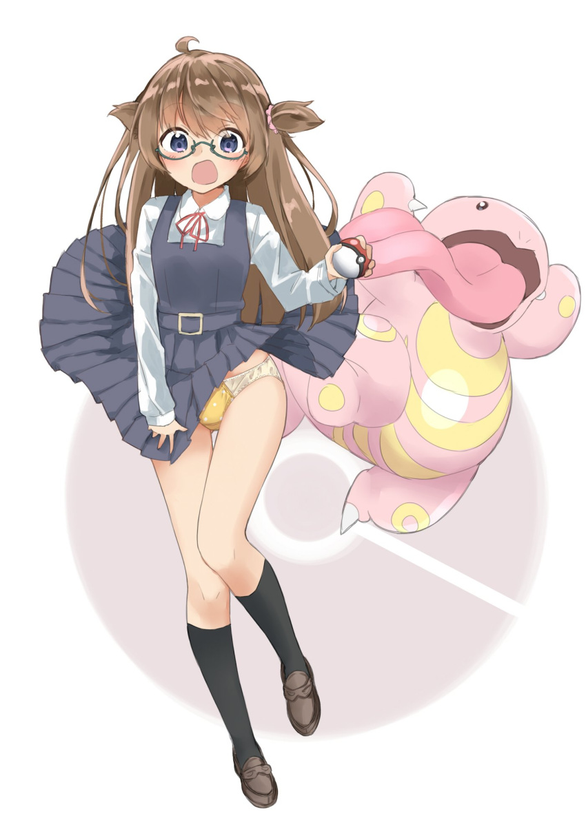 1girl, ahoge, amemiya_sekira, bangs, black_legwear, blue_dress, blush, brown_footwear