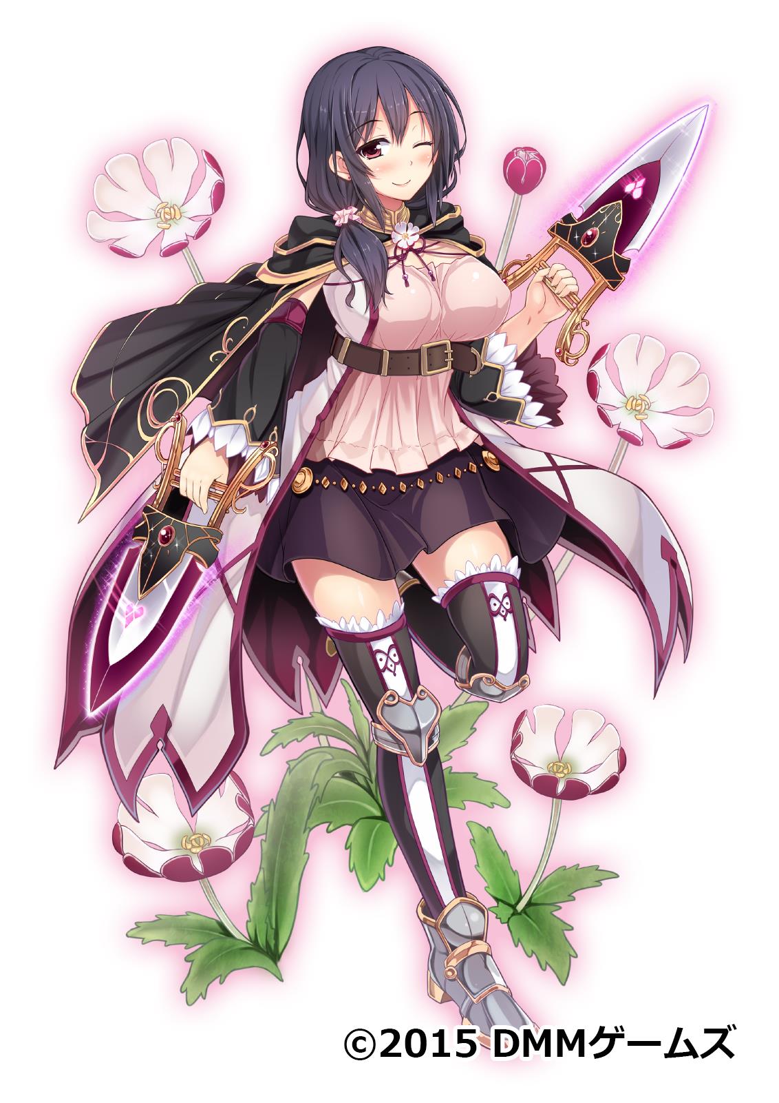 1girl, belt, black_hair, breasts, cape, copyright_name, dagger, dmm, flower_knight_girl, full_body, highres, holding, holding_weapon, large_breasts, looking_at_viewer, night_phlox_(flower_knight_girl), official_art, one_eye_closed, skirt, smile, standing, tagme, violet_eyes, weapon, white_background