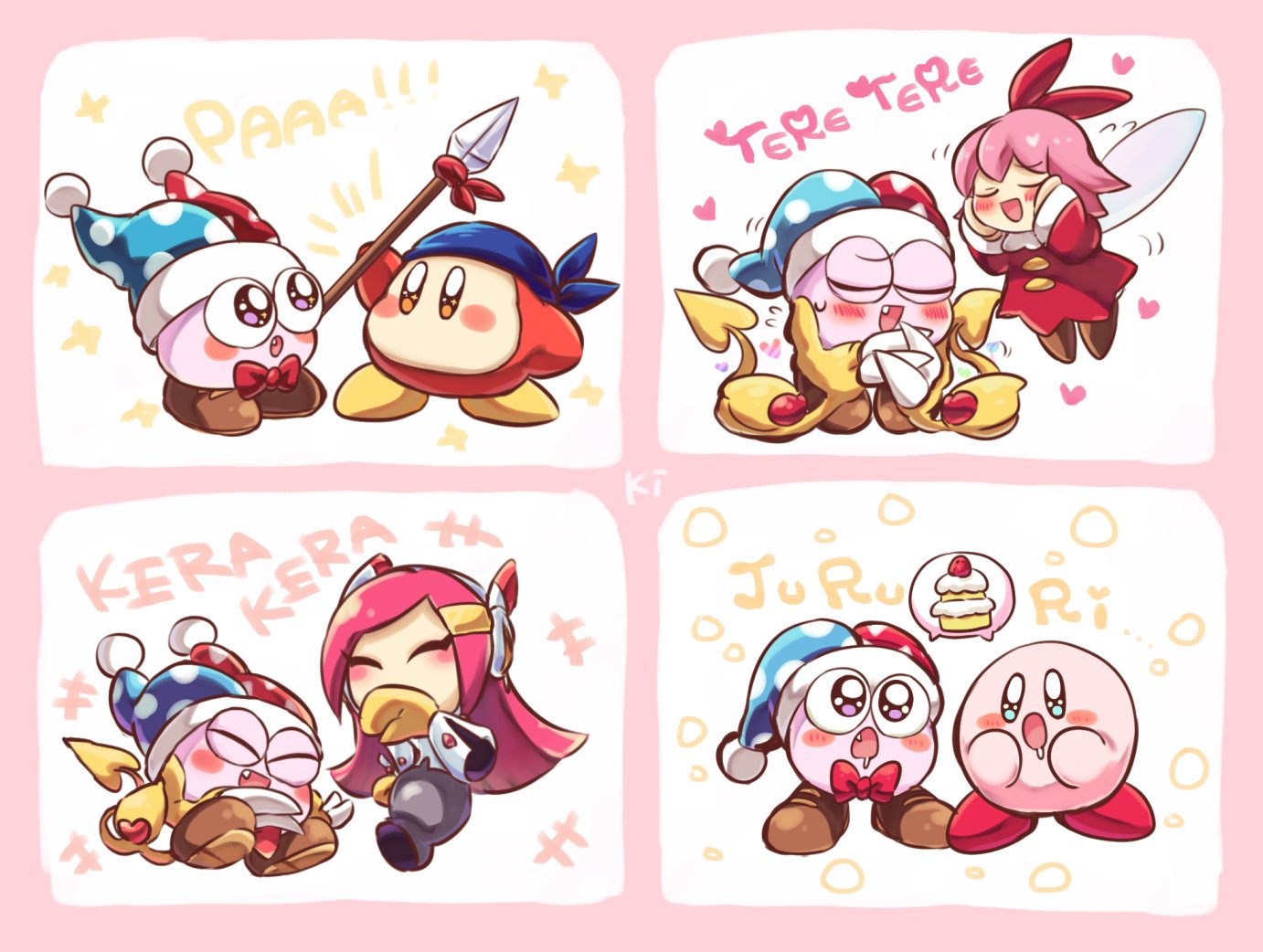 1other, 2boys, 2girls, bandana_waddle_dee, bandanna, blue_bandana, blue_eyes, blush