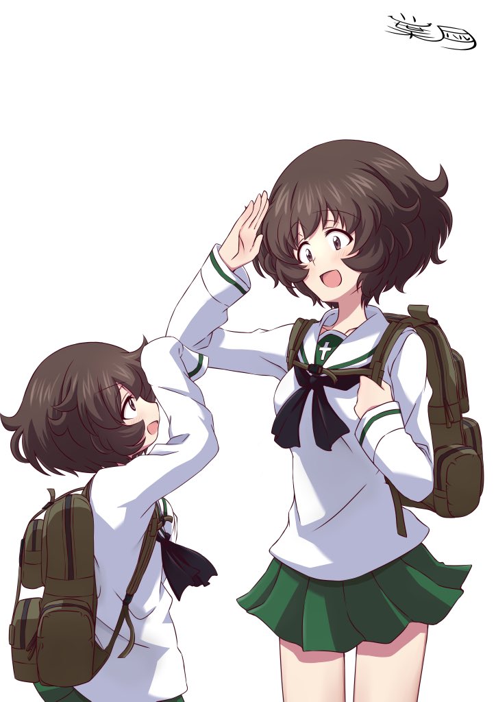 2girls, akiyama_yukari, backpack, bag, bangs, blouse, brown_eyes, brown_hair