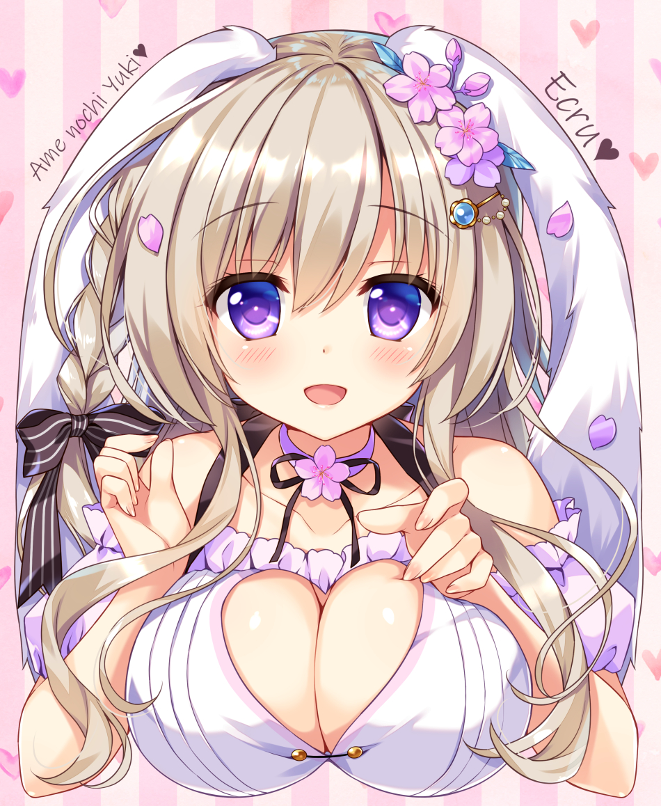 1girl, :d, ameto_yuki, animal_ears, artist_name, bangs, bare_shoulders, black_bow