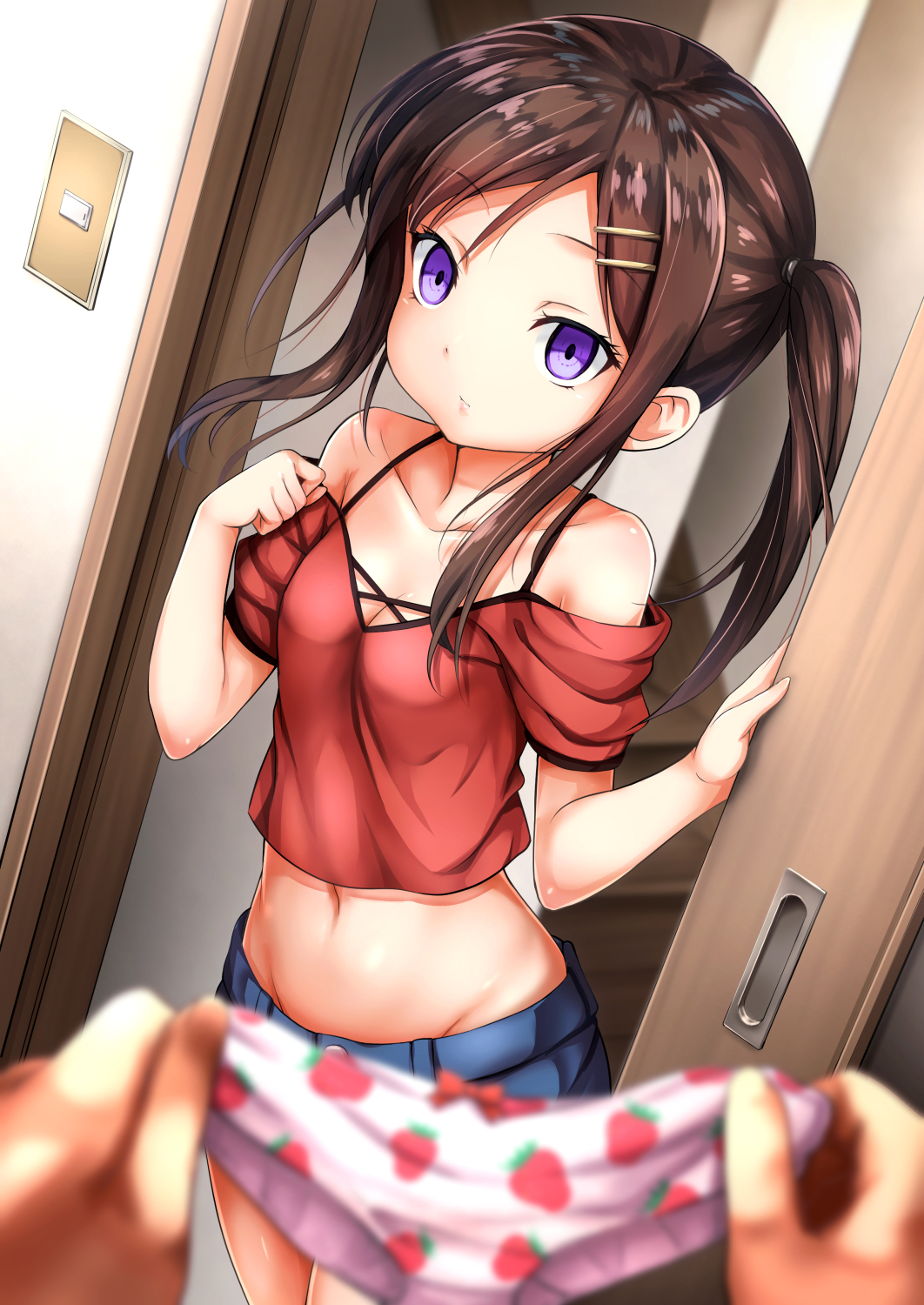 1girl, bangs, bare_shoulders, blue_shorts, blurry, blurry_background, blush, bow