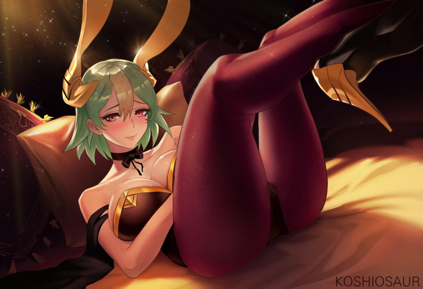 1girl, animal_ears, artist_name, ass, bed, bed_sheet, bow, bowtie