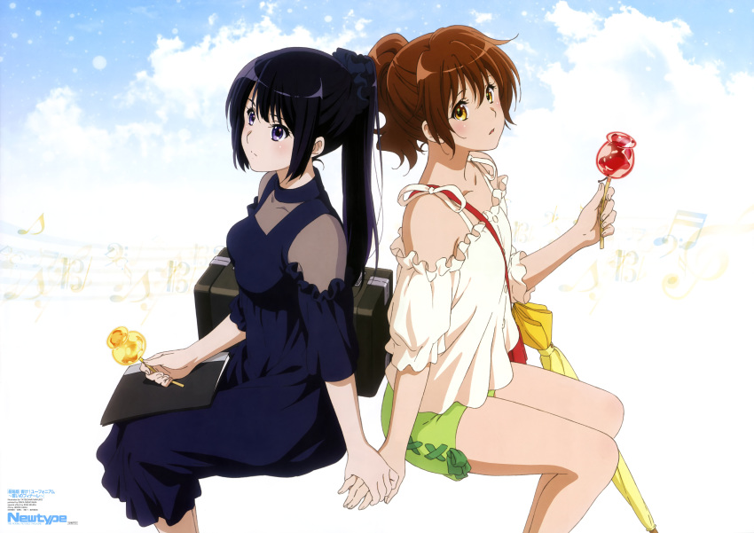 2girls, :o, absurdres, back-to-back, bag, bangs, bare_legs, bare_shoulders