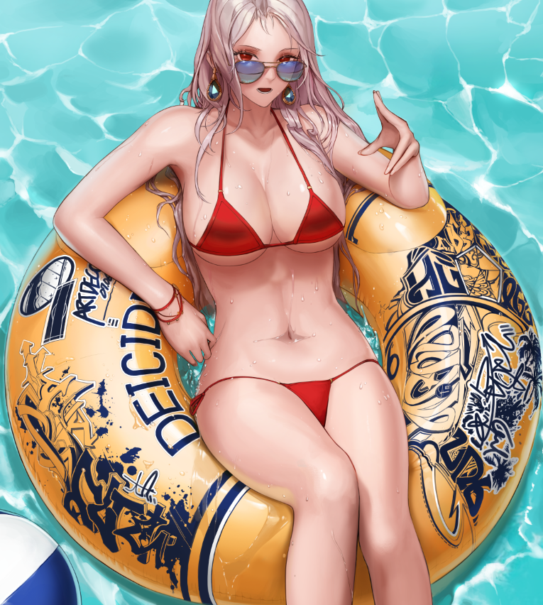 1girl, aviator_sunglasses, bangs, belly, bikini, bracelet, breasts, cleavage
