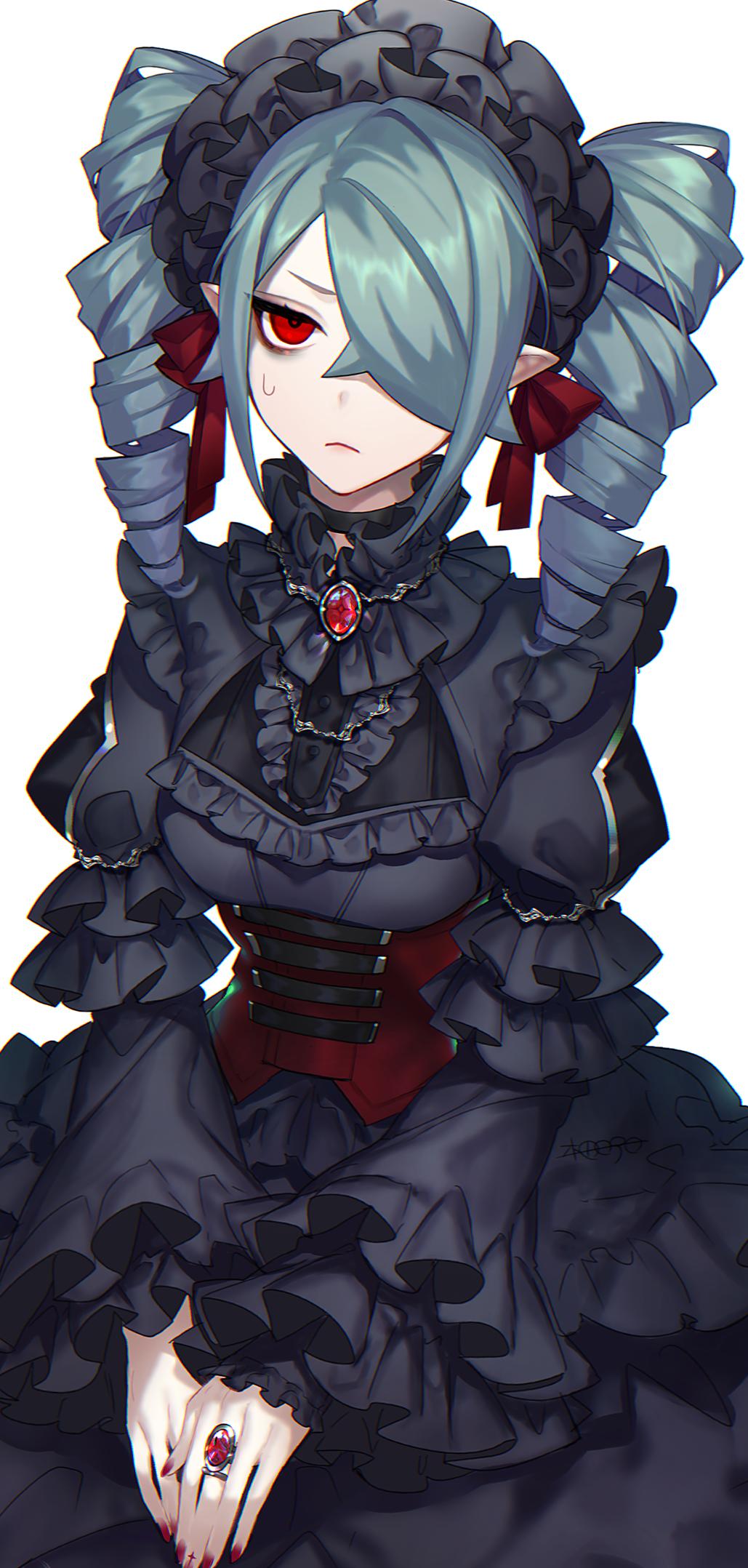 1girl, aqua_hair, black_dress, breasts, choker, corset, dress, drill_hair