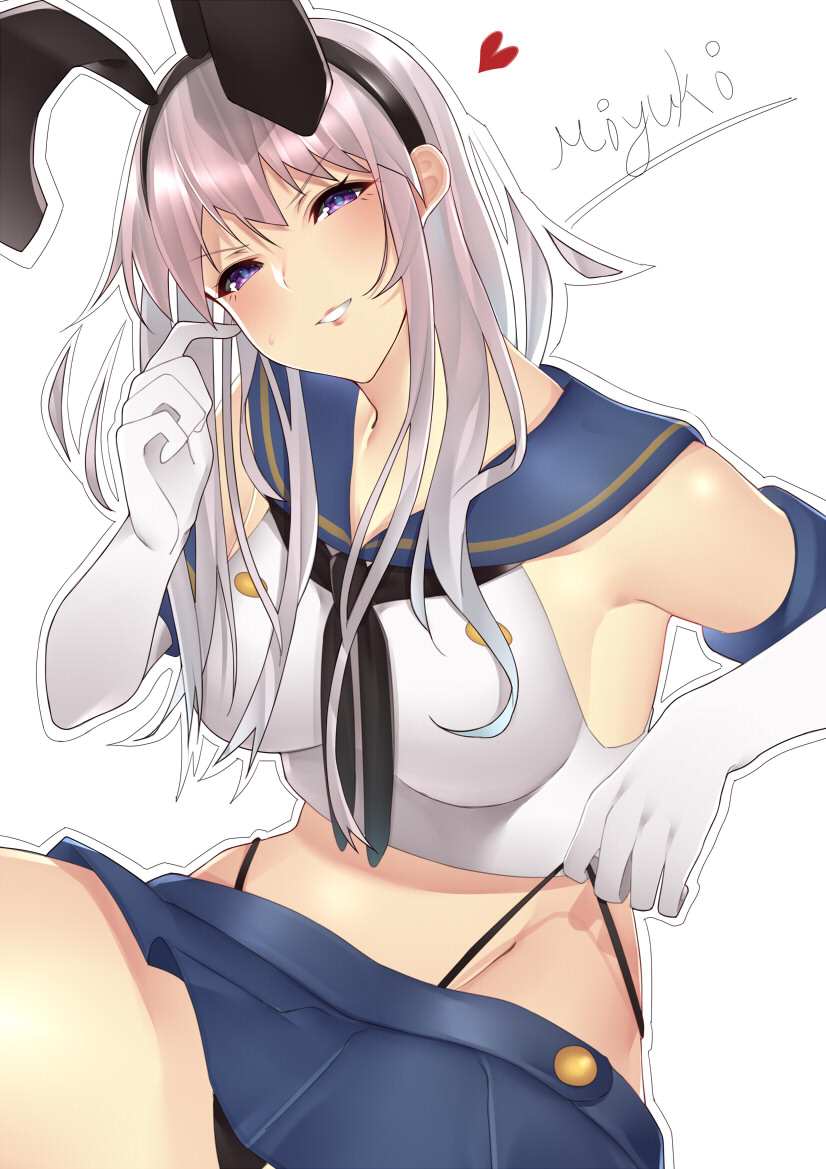 1girl, alternate_costume, azur_lane, bare_shoulders, black_panties, blue_skirt, breasts, commentary_request, cosplay, crop_top, elbow_gloves, enterprise_(azur_lane), eyebrows_visible_through_hair, gloves, hairband, heart, highleg, highleg_panties, kantai_collection, large_breasts, microskirt, miyuki_(9029009), panties, panty_pull, pantyshot, sailor_collar, school_uniform, serafuku, shimakaze_(kantai_collection), shimakaze_(kantai_collection)_(cosplay), signature, silver_hair, skirt, smile, solo, underwear, violet_eyes, white_background, white_gloves