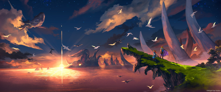 1boy, 1girl, aircraft, airship, altena_(another_eden), another_eden, bird, cape