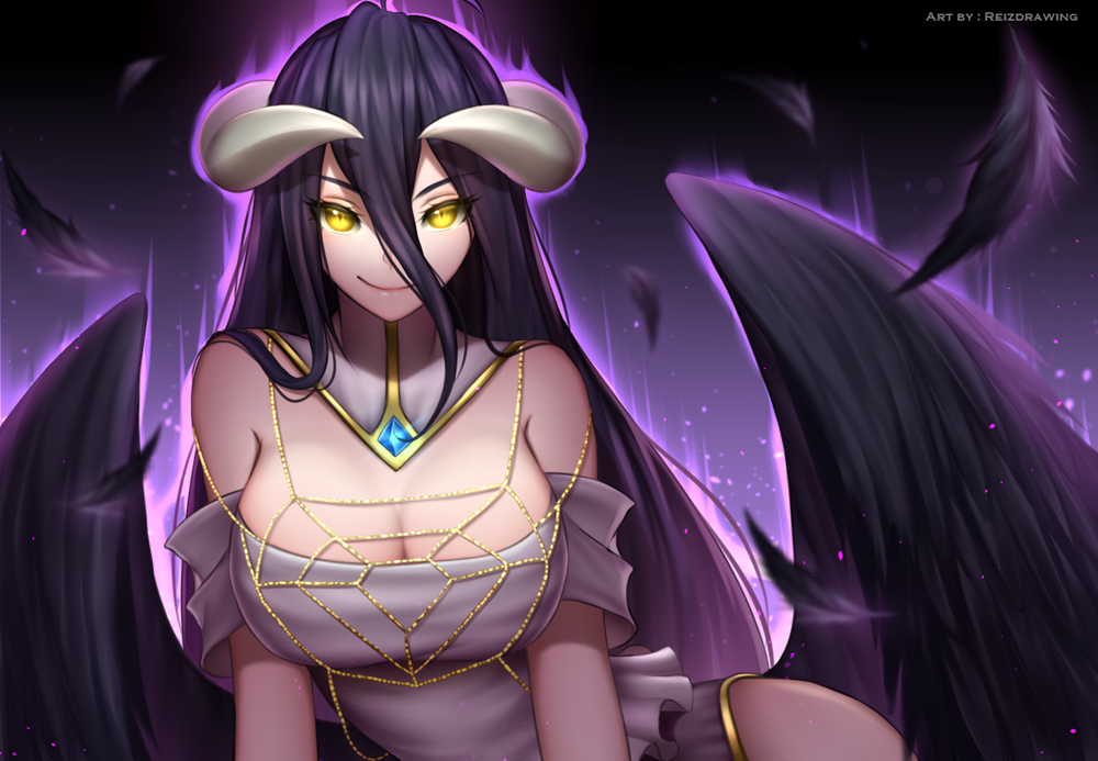 1girl, ahoge, albedo, artist_name, bare_shoulders, black_hair, black_wings, breasts, cleavage, commentary, demon_girl, demon_horns, demon_wings, dress, english_commentary, feathered_wings, gloves, hair_between_eyes, horns, large_breasts, long_hair, looking_at_viewer, overlord_(maruyama), reizdrawing, slit_pupils, smile, solo, white_dress, white_gloves, wings, yellow_eyes