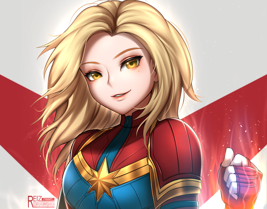 1girl, blonde_hair, blue_eyes, bodysuit, breasts, captain_marvel, clenched_hand, commentary