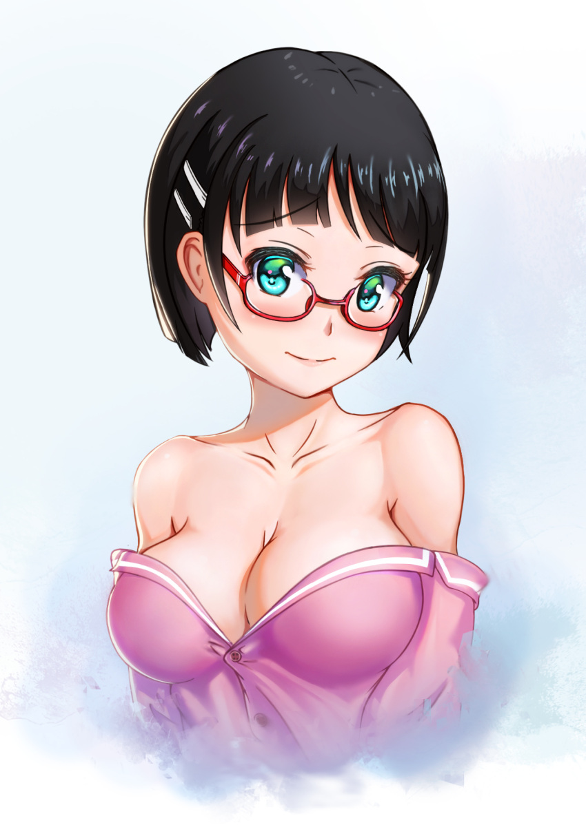 1girl, aqua_eyes, bare_shoulders, black_hair, blush, bob_cut, breasts, cleavage, collarbone, commentary_request, eyebrows_visible_through_hair, glasses, hair_ornament, hairclip, highres, kirigaya_suguha, large_breasts, looking_at_viewer, off_shoulder, short_hair, simple_background, smile, softwareworker, solo, sword_art_online, white_background
