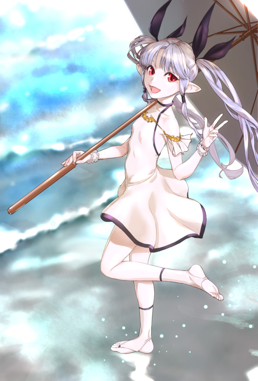 blue_sky, blurry, blurry_background, day, dress, eden_(sennen_sensou_aigis), flat_chest, full_body