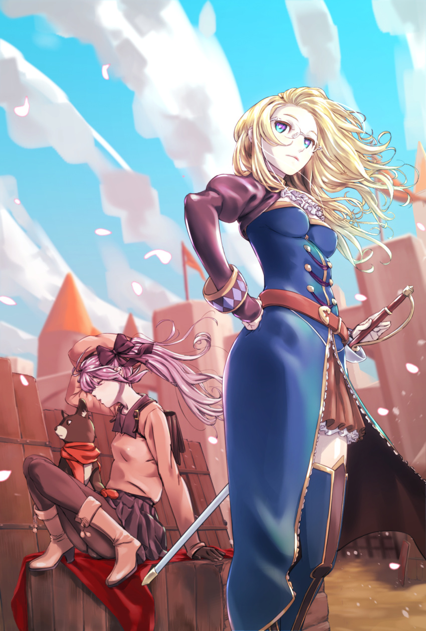 2girls, arm_up, belt, black_bow, black_legwear, black_skirt, blonde_hair, blue_dress