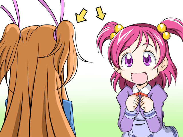 2girls, :d, amraam120c, aria_gakuen_school_uniform, chibi, commentary_request, directional_arrow, gradient