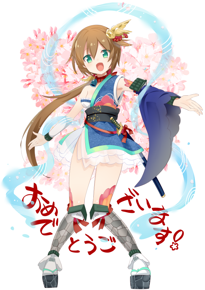 1girl, :d, anniversary, aqua_eyes, asymmetrical_clothes, bare_shoulders, breasts, brown_hair