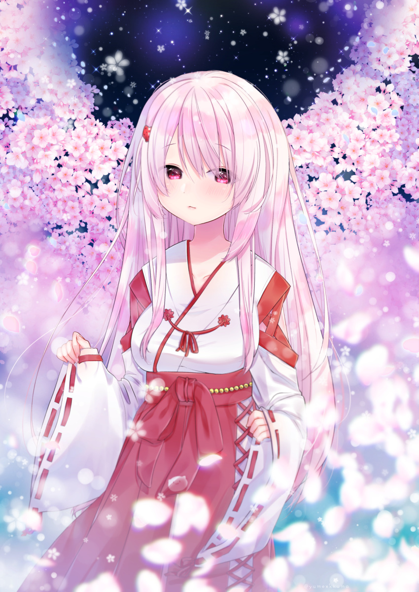 1girl, bangs, blurry, blurry_background, blurry_foreground, blush, breasts, cherry_blossoms